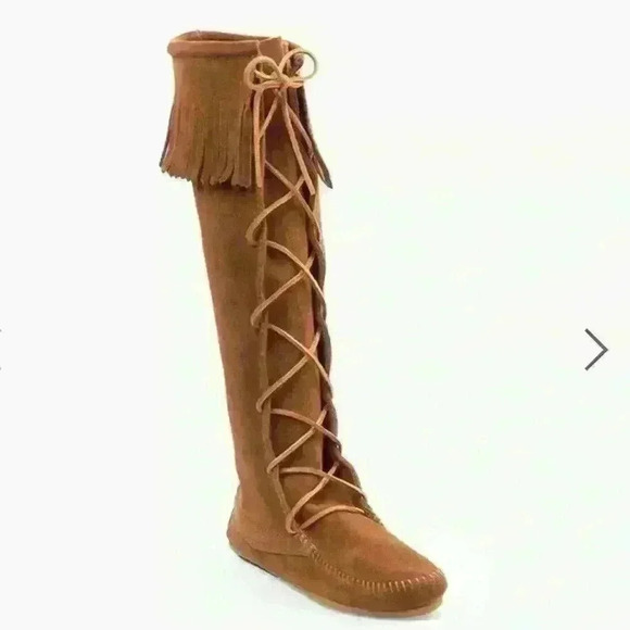 NWOT Minnetonka Front Lace Knee High fringe soft suede leather Boot - Picture 1 of 10